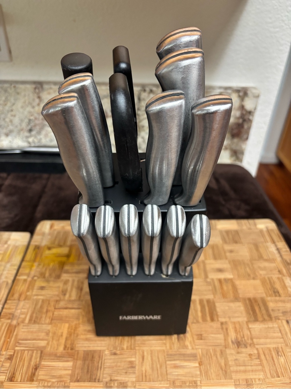 Farberware Bamboo Wood Knife Block, Black, 15 Slots,knives w/ Scissors